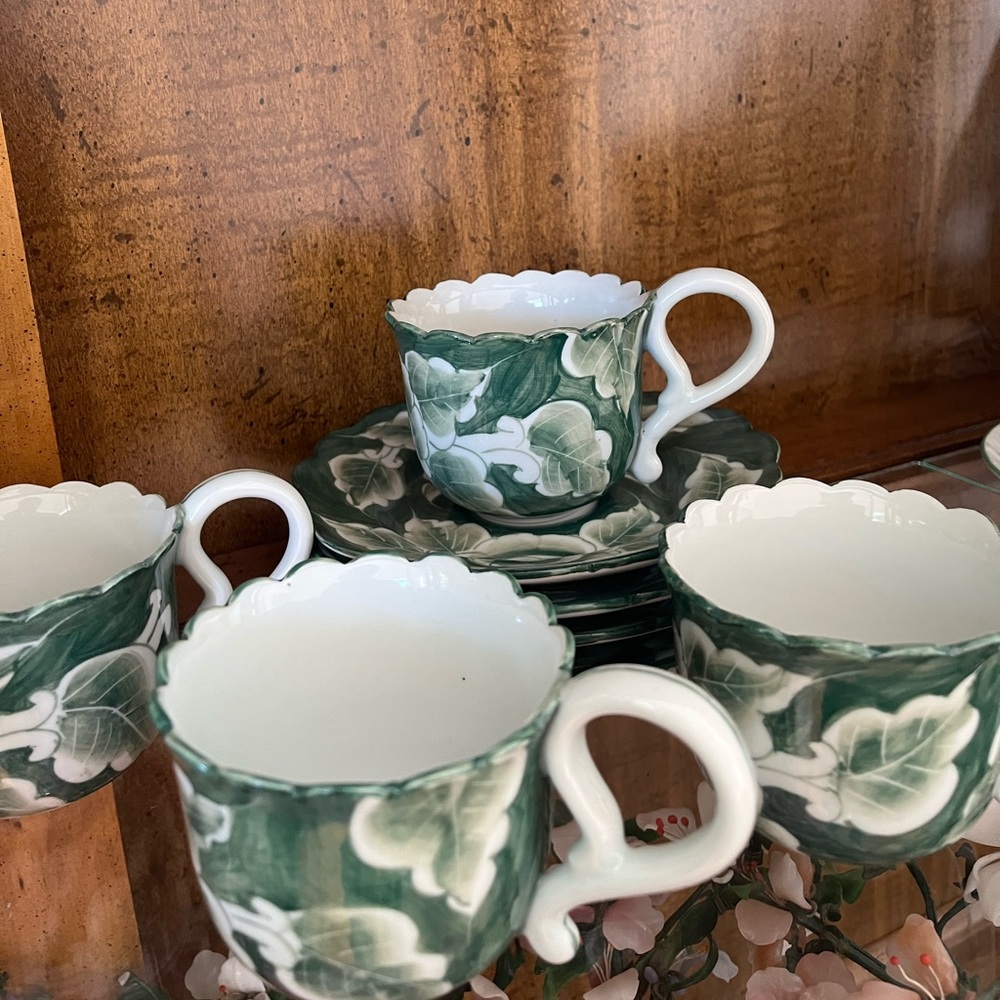 NM Tea set/coffee 4 hand painted ceramic cup+4 matching saucers Asian Jade green